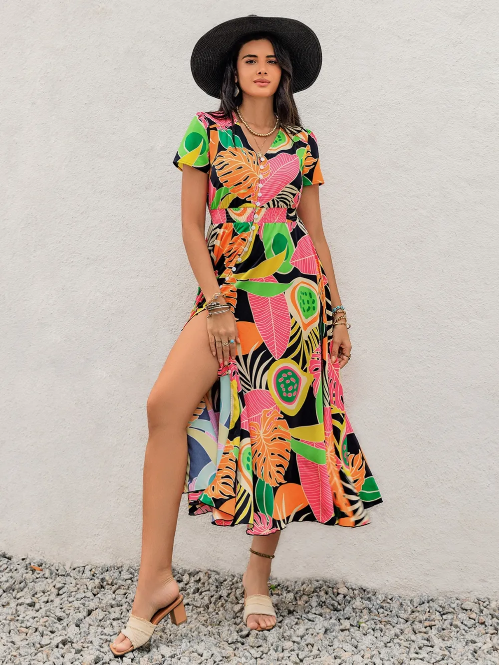 Tropical Print V-Neck Short Sleeve Midi Dress, image 7