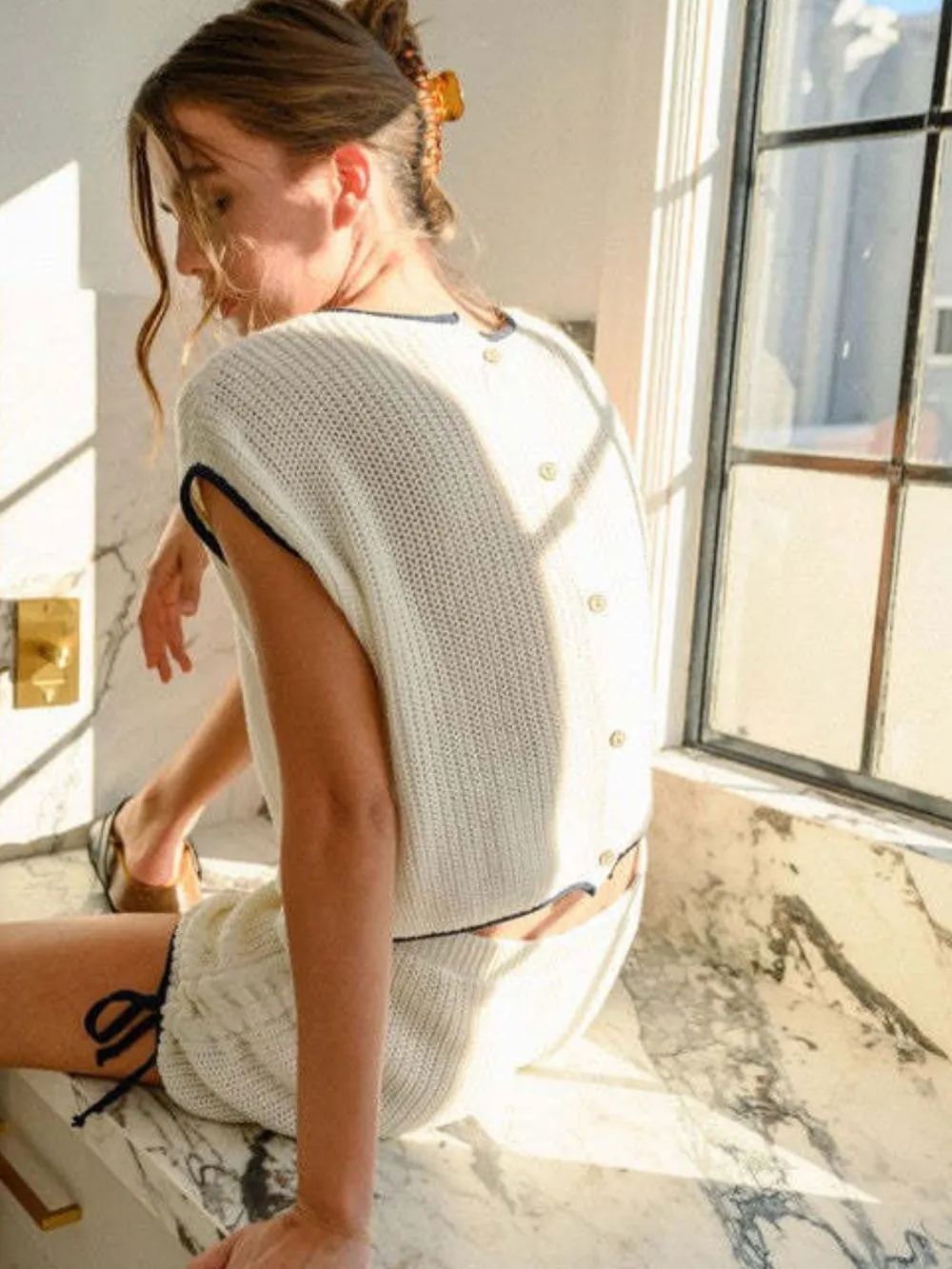 Contrast Trim Round Neck Top and Shorts Sweater Set, image 5