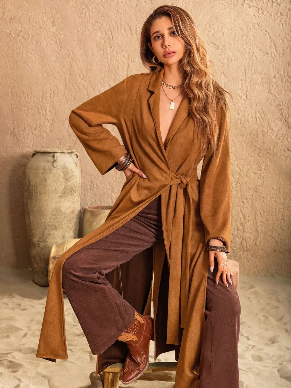 Slit Tied Collared Neck Longline Coat, image 6