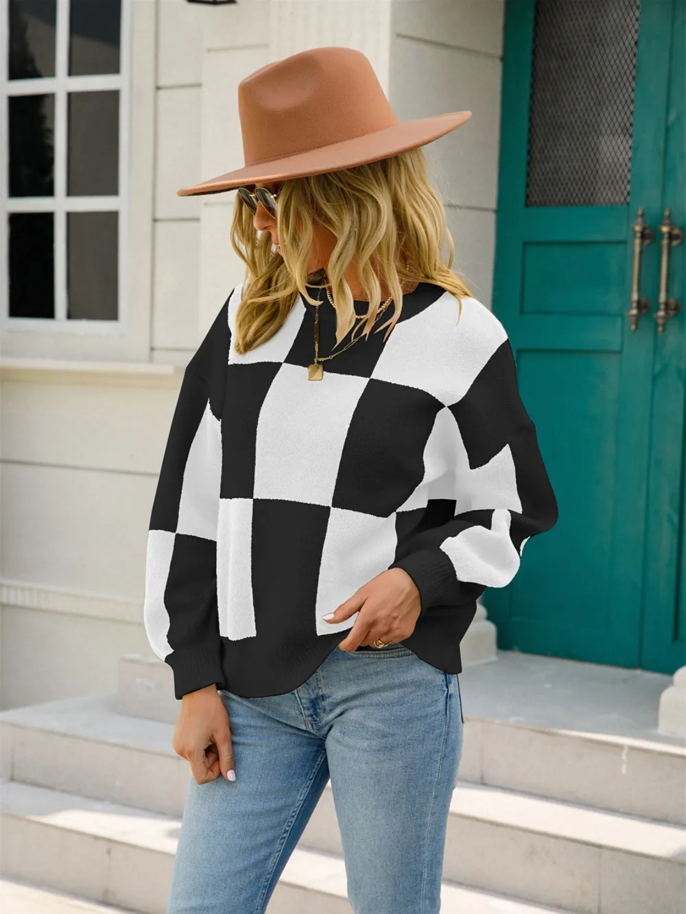 Checkered Round Neck Dropped Shoulder Sweater, image 7
