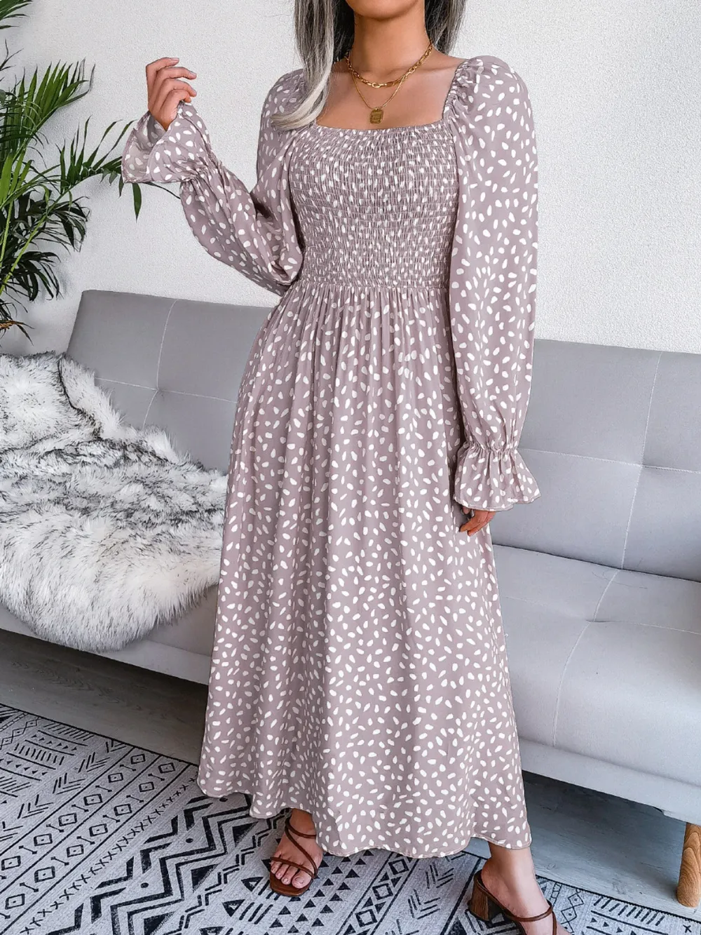 Smocked Square Neck Flounce Sleeve Dress, image 11
