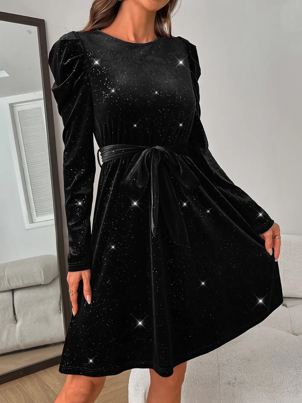 Glitter Round Neck Puff Sleeve Dress, image 15