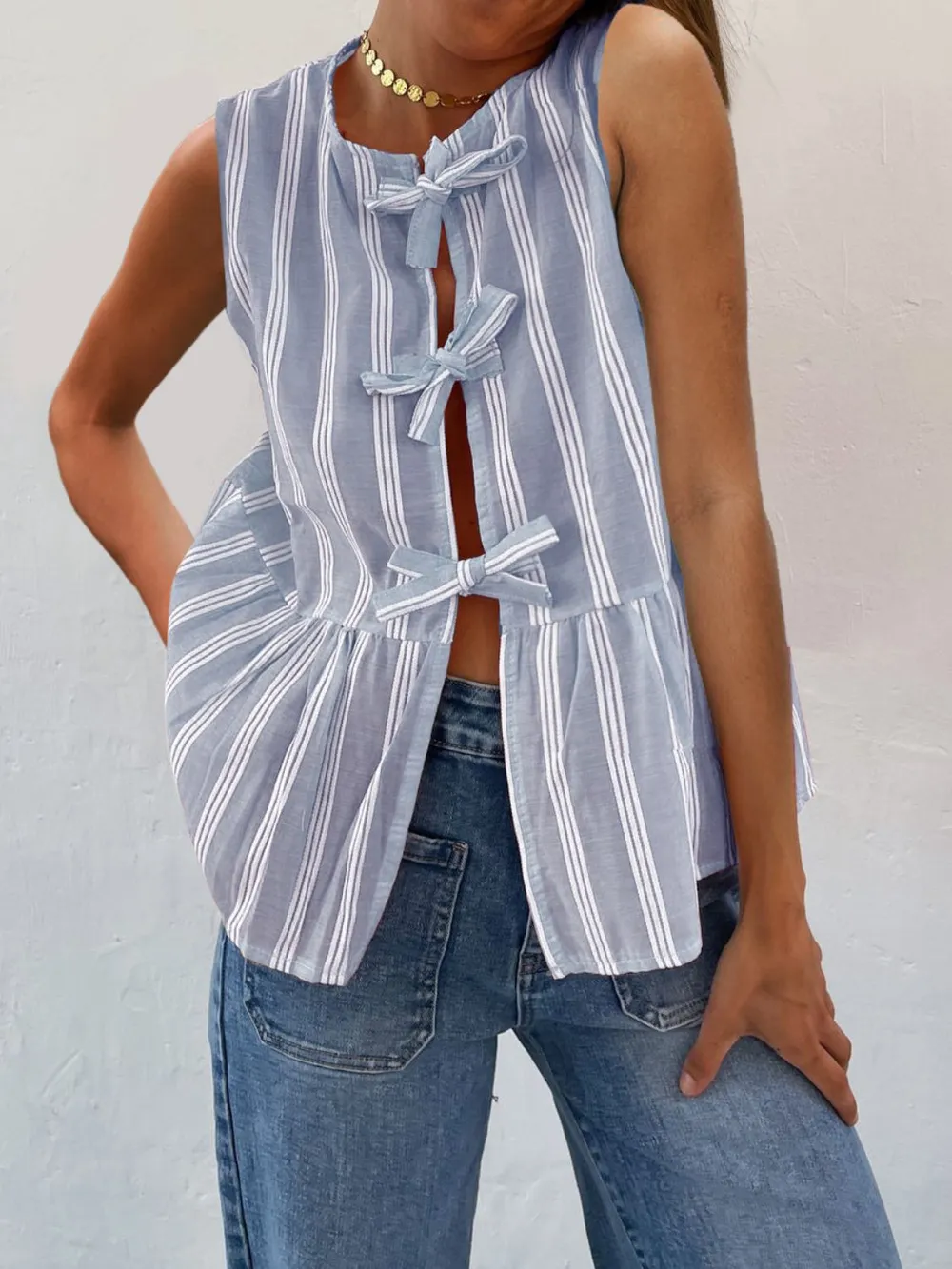 Tied Striped Round Neck Tank, image 2