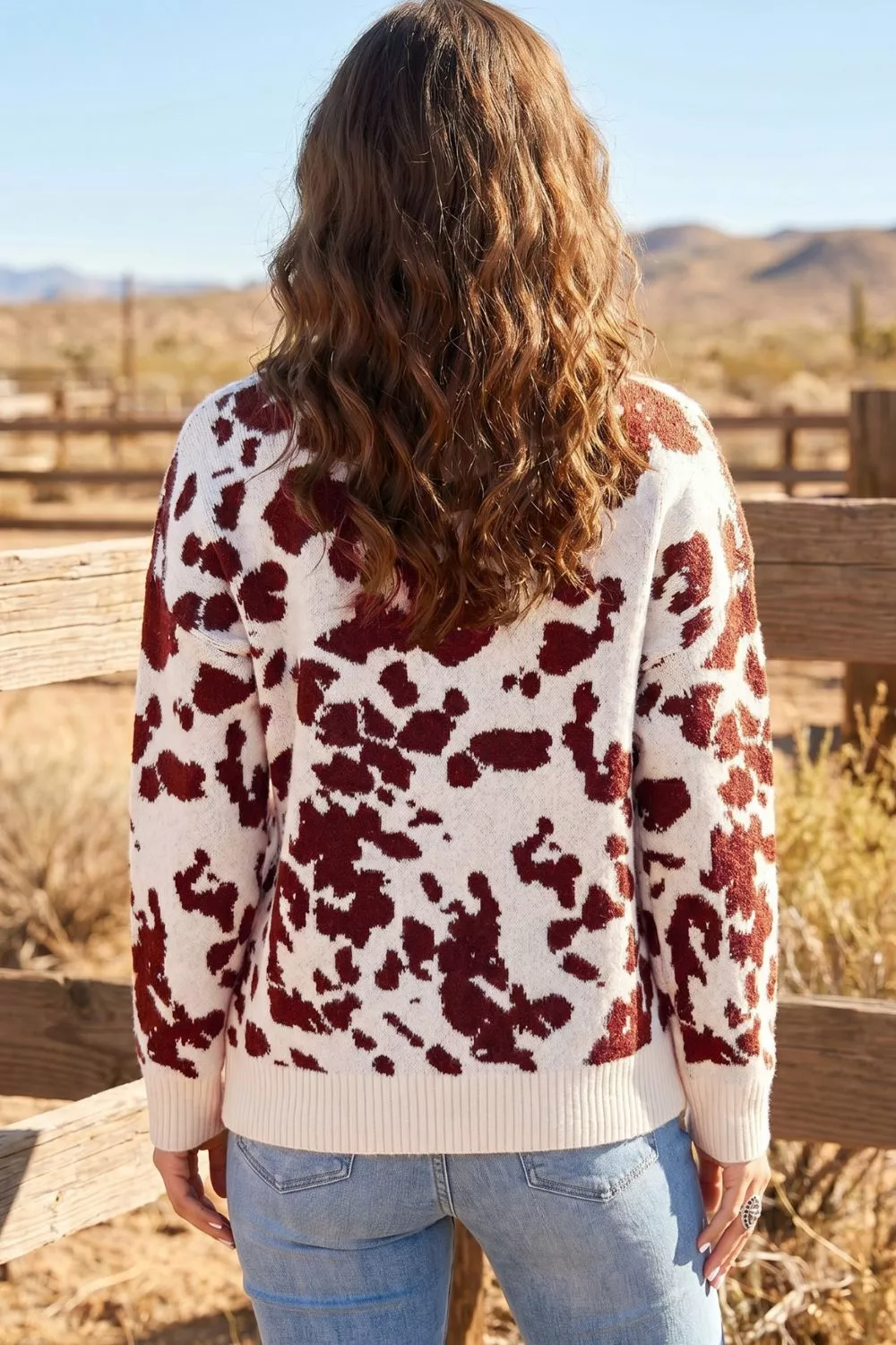 Western Print Cow Pattern Long Sleeve Round Neck Pullover Knitwear Sweater, image 2