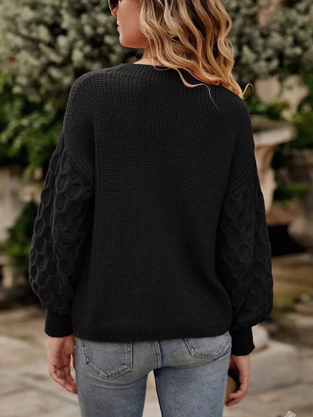 Textured Sleeve Round Neck Sweater, image 7