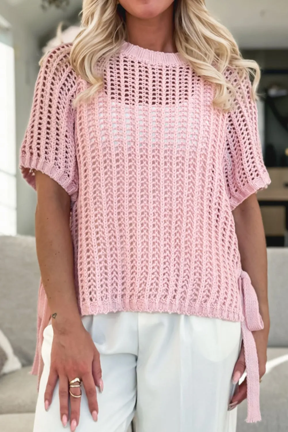 Hollow-out Crochet Side Tied Short Sleeve Knit Cover Up, image 6