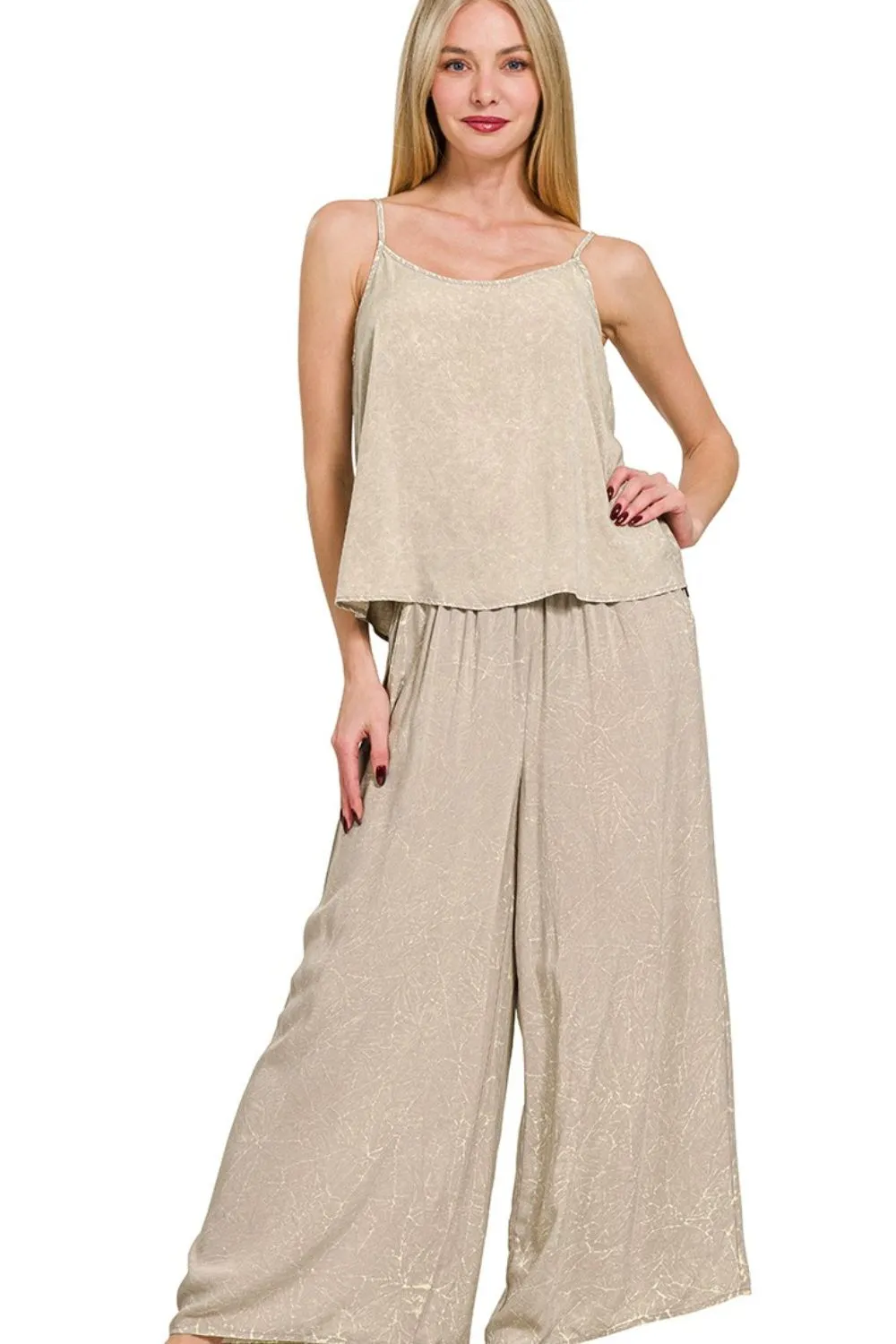Woven Acid Crinkle Washed Cami & Pants 2 Piece Set