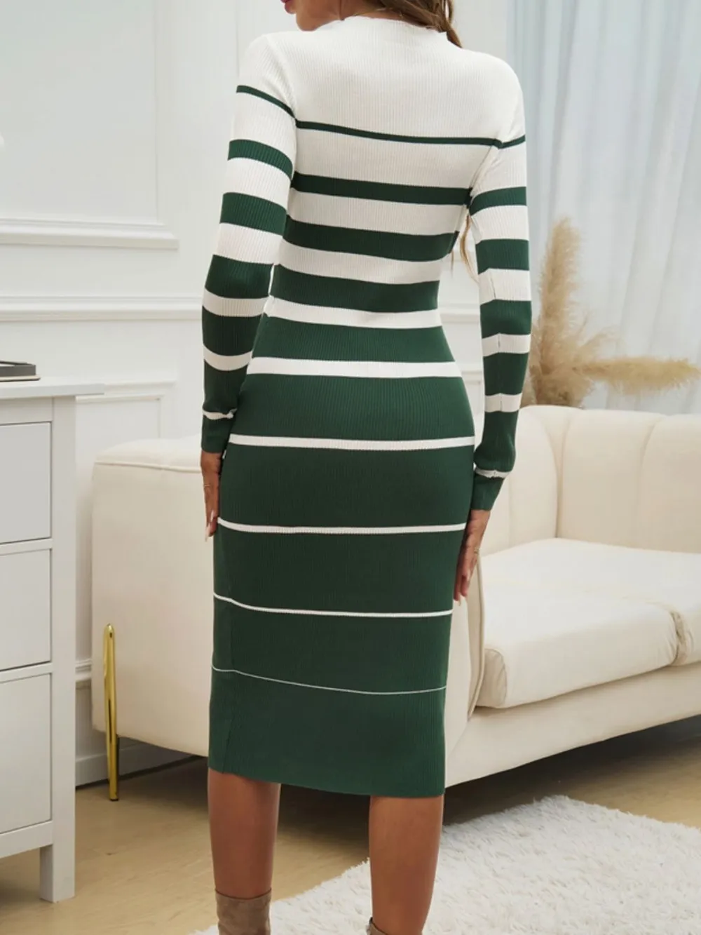 Color Block Round Neck Long Sleeve Midi Dress, image 9