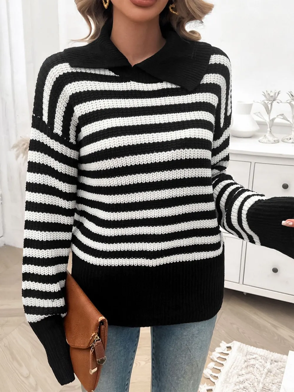Striped Collared Neck Long Sleeve Sweater, image 8