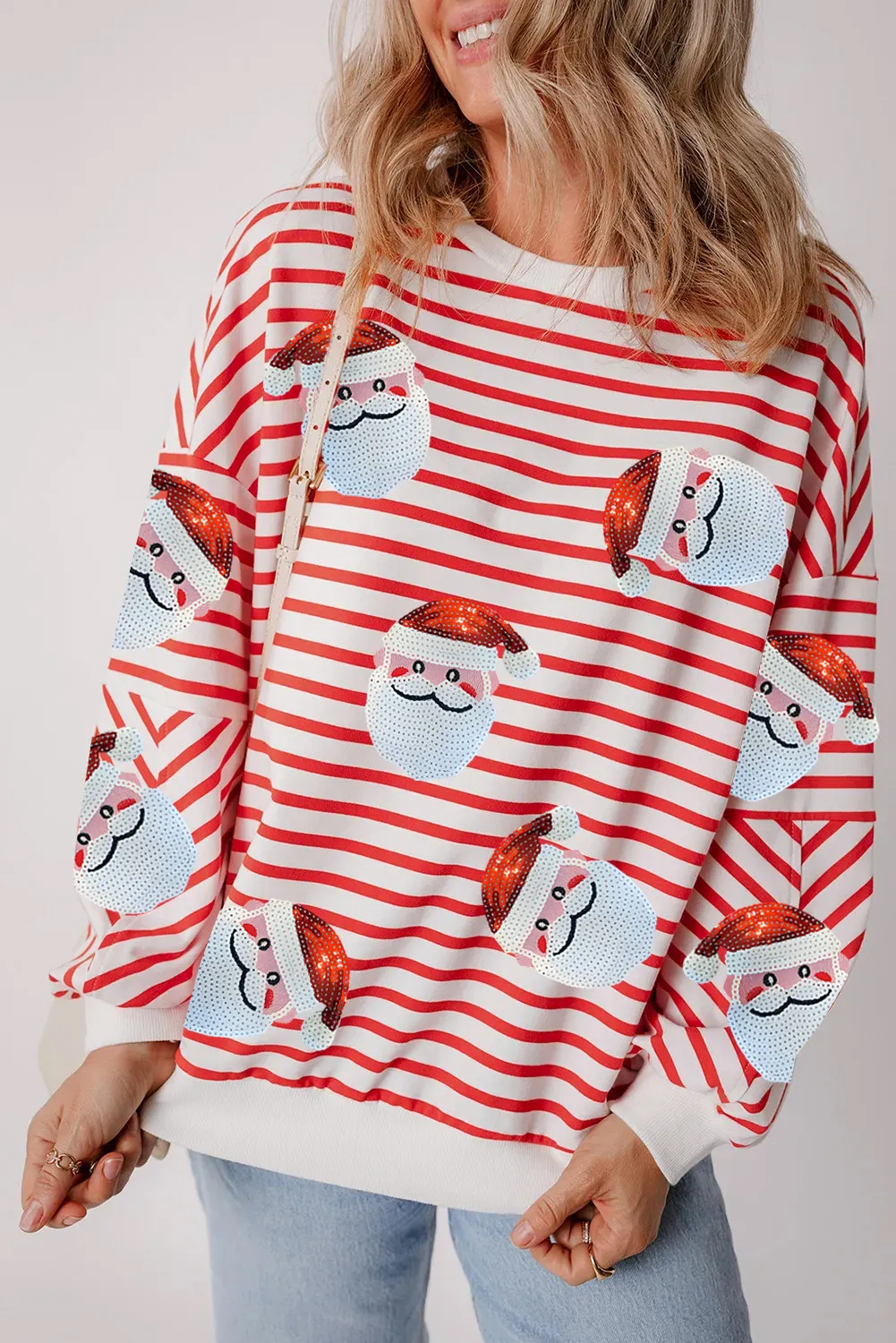 Sequin Santa Striped Round Neck Long Sleeve Sweatshirt, image 3