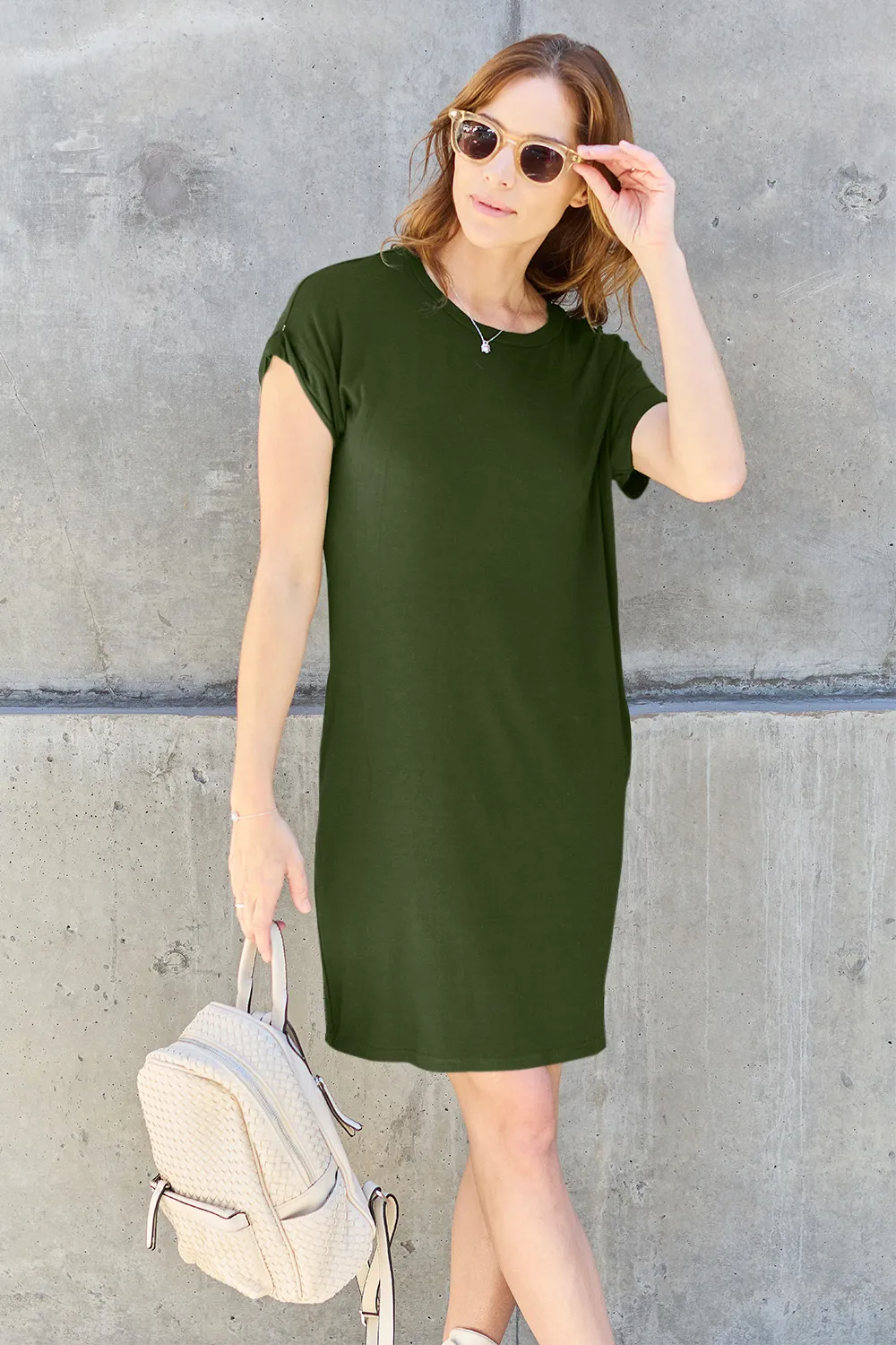 Full Size Round Neck Short Sleeve Dress with Pockets, image 7