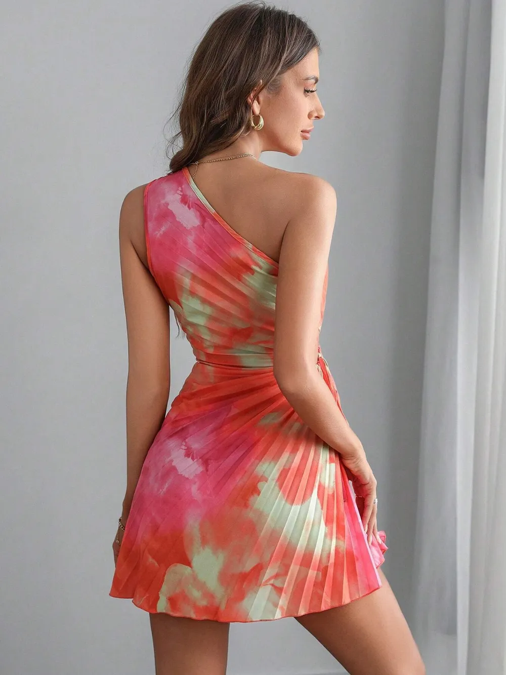 Cutout Drawstring Pleated Tie-Dye Sleeveless Mini Dress, image 8