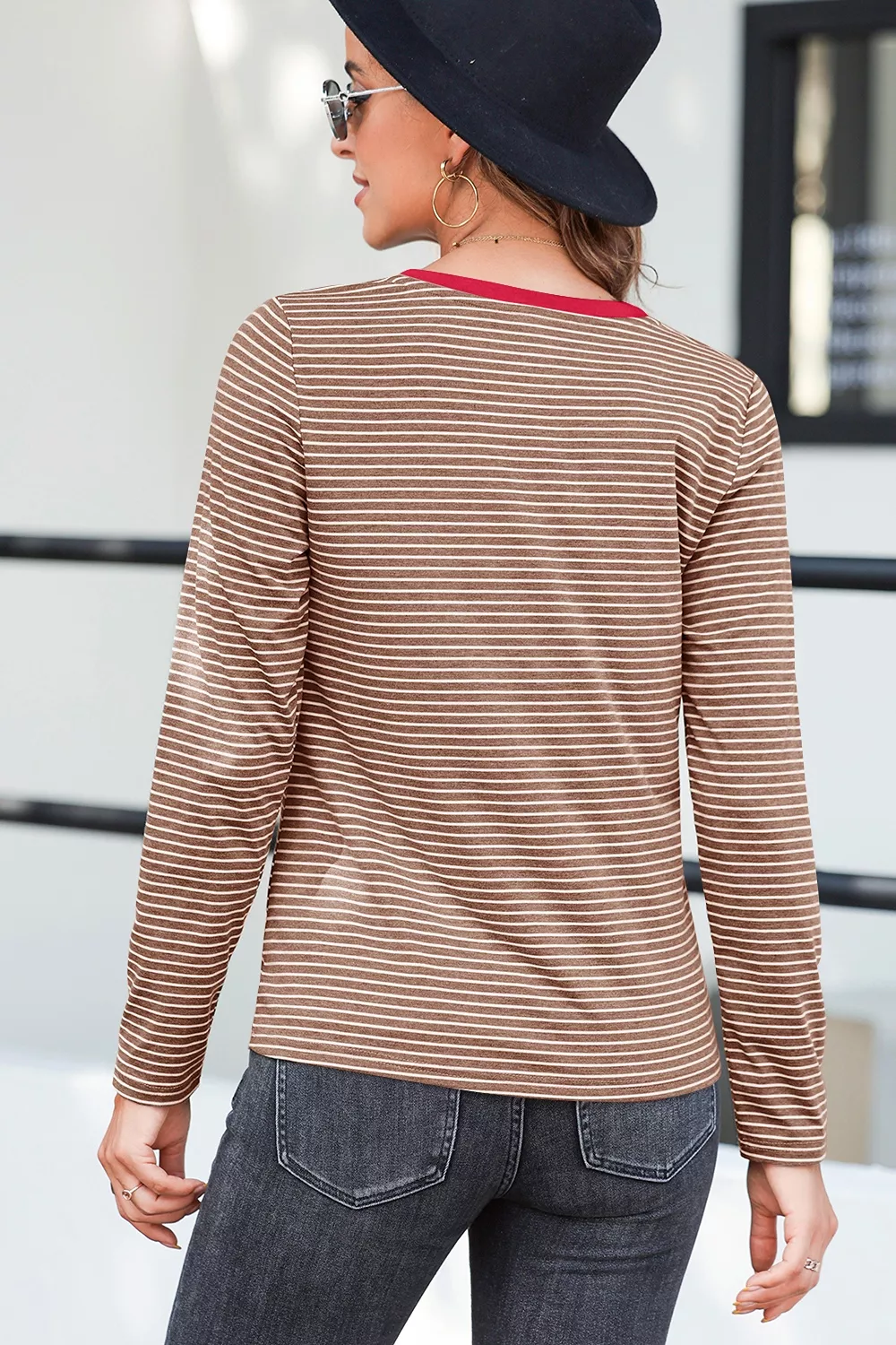 Stripe V Neck Stretchy Long Sleeve Top, image 4