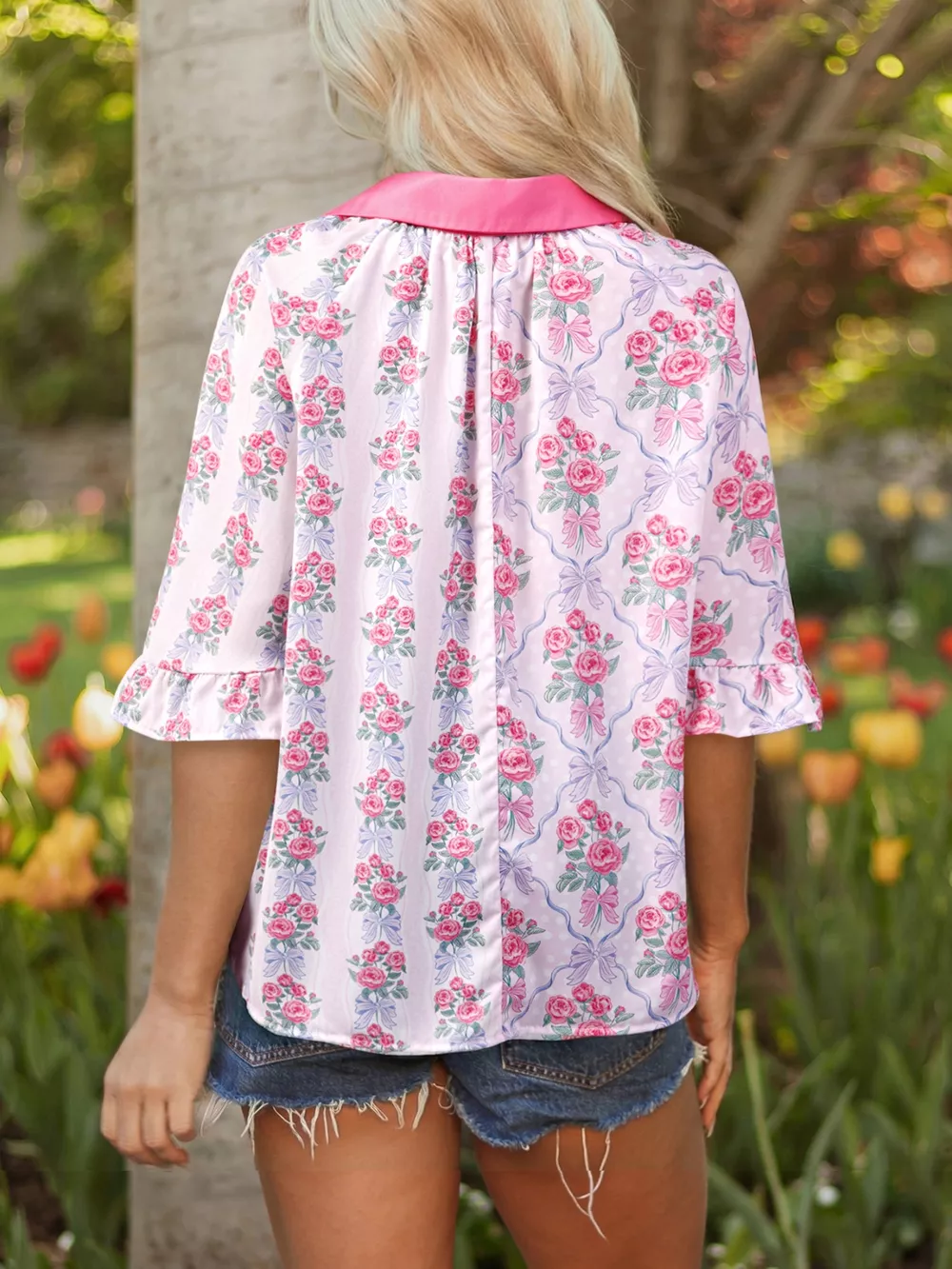 Floral Collared Ruffled Half Sleeve Shirt, image 6