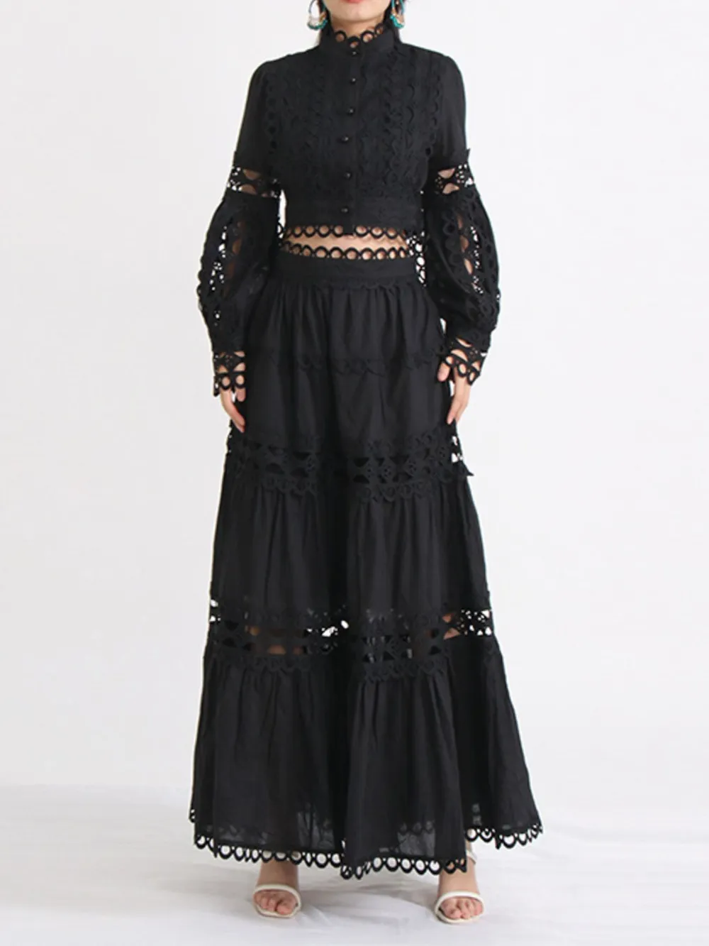 Lace Button Up Long Sleeve Top and Skirt Set