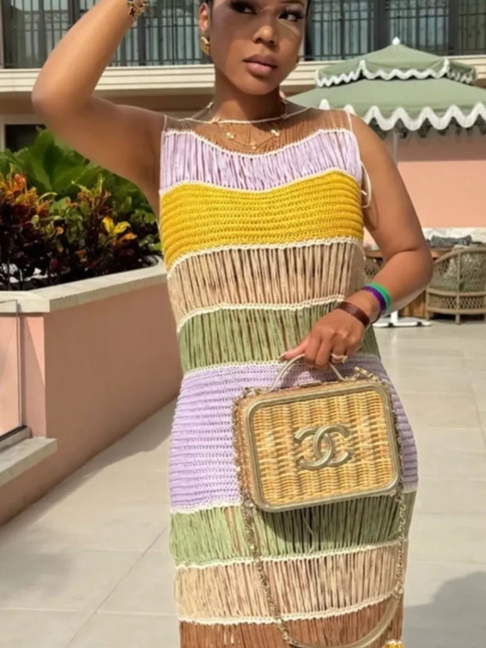 Fringe Crochet Knit Color Block Maxi Dress, image 5