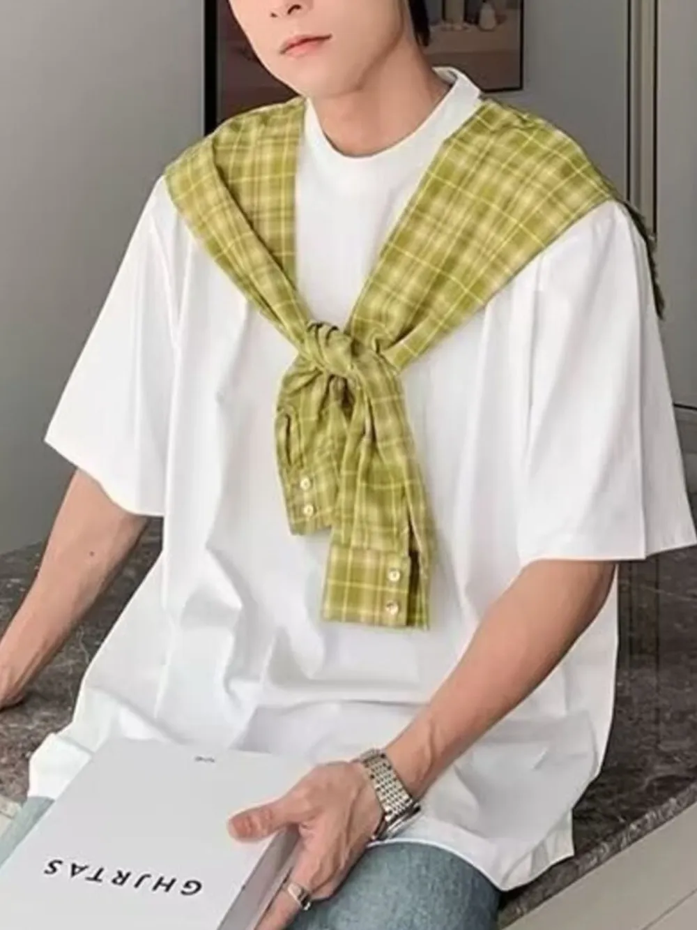 Men's Full Size Oversized T-Shirt with Plaid Shawl Plus Size, image 6