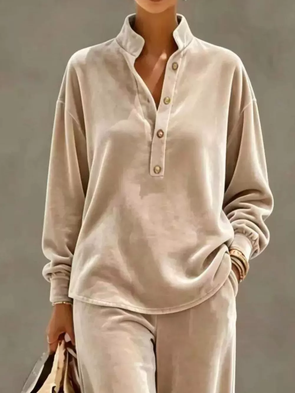 Full Size Half Button Top and Wide Leg Pants Set Plus Size, image 8