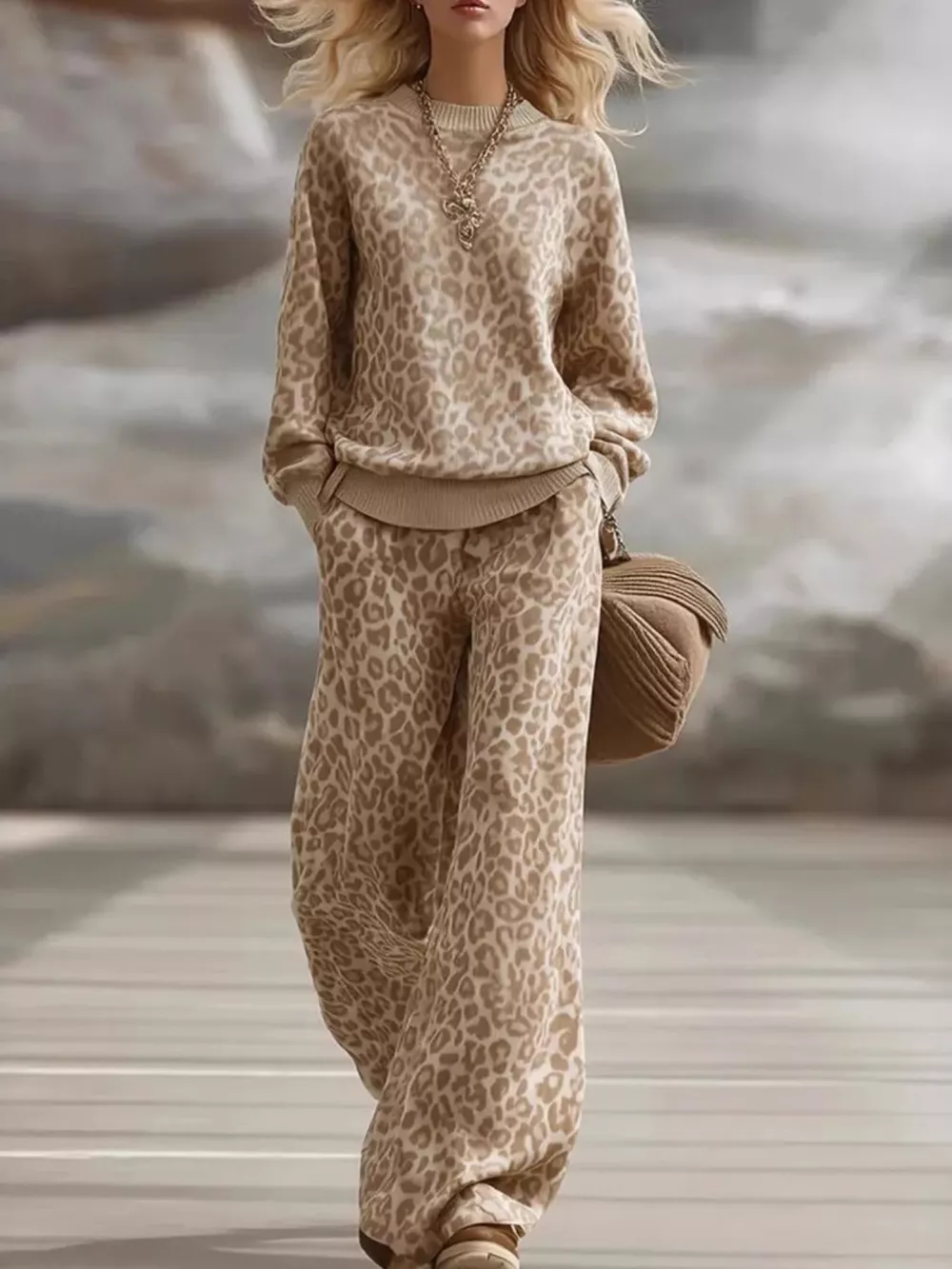 Leopard Dropped Shoulder Top and Pants Set
