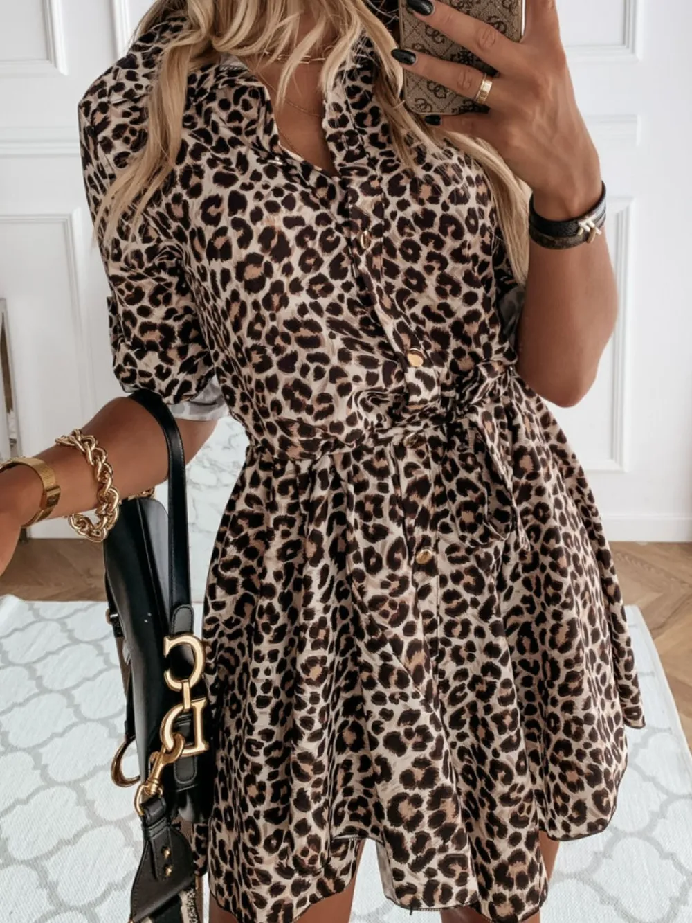 Printed Tie Waist Roll-Tab Sleeve Mini Dress, image 7