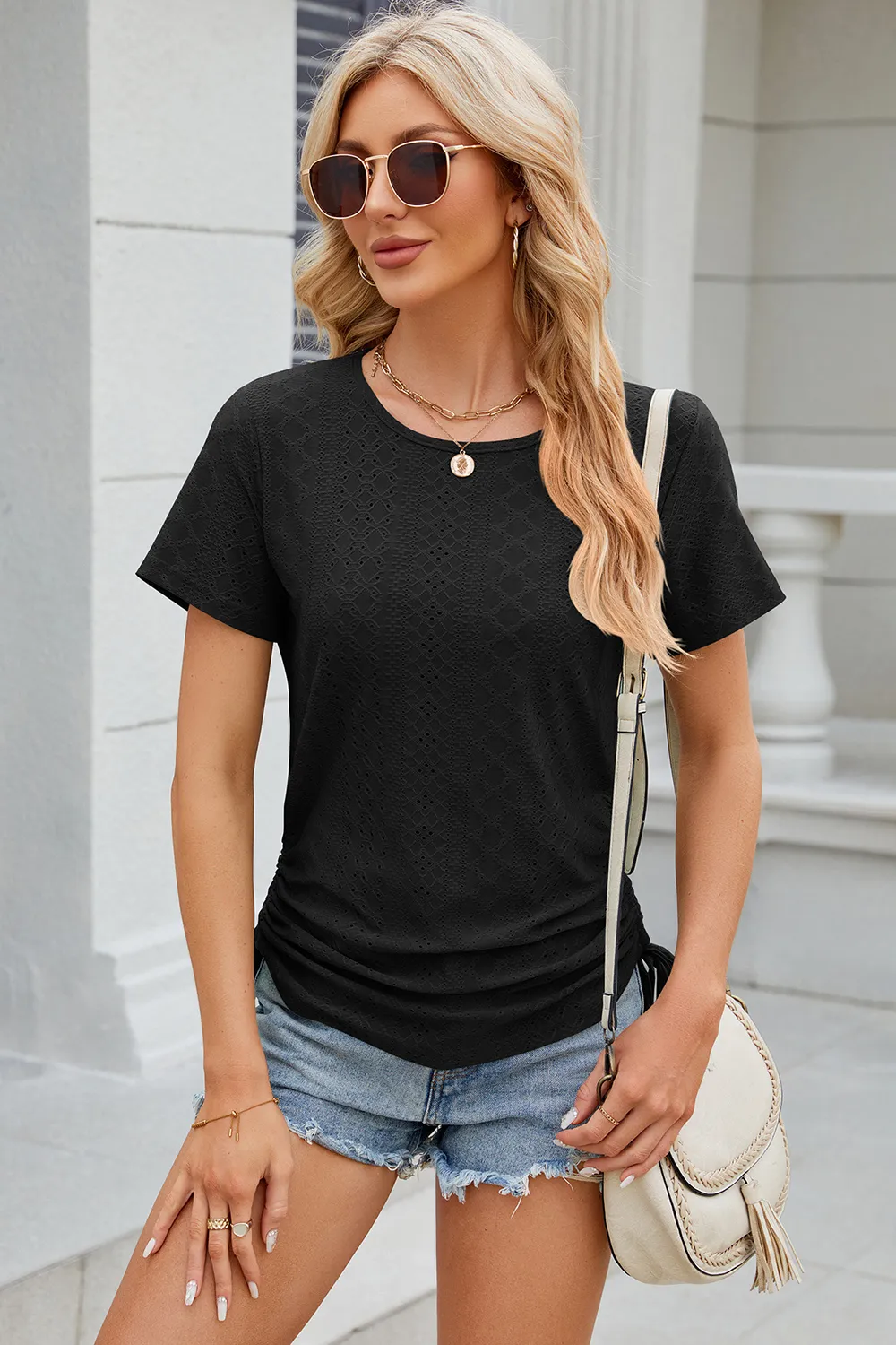 Eyelet Round Neck Short Sleeve T-Shirt, image 19