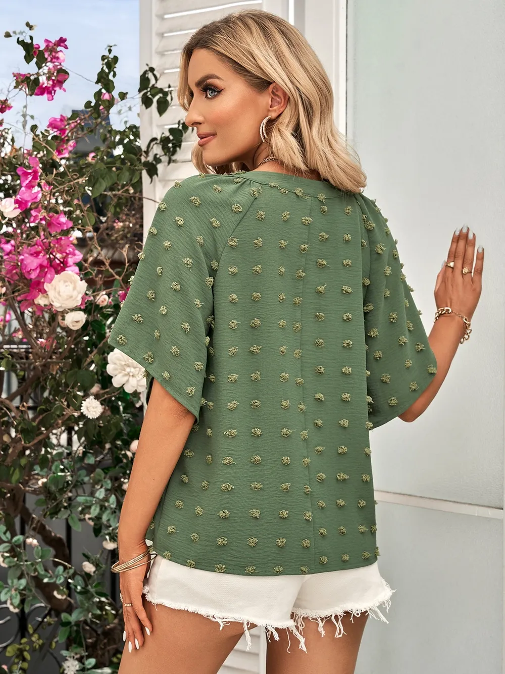 Swiss Dot Notched Half Se Blouse, image 3