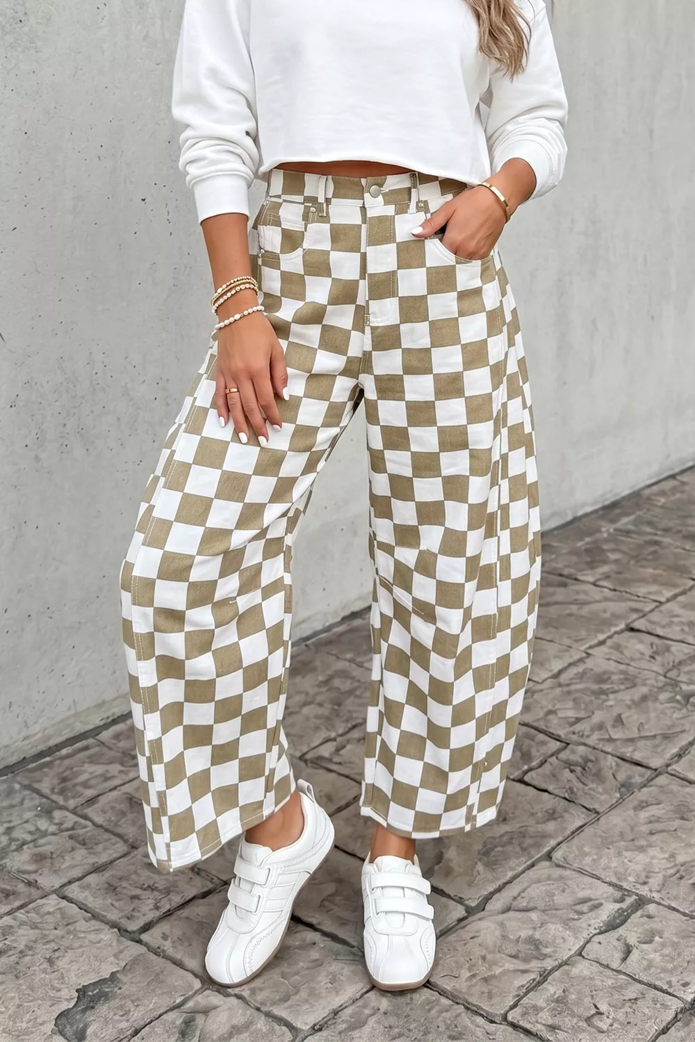 Checkered Print Denim Barrel Pants, image 3