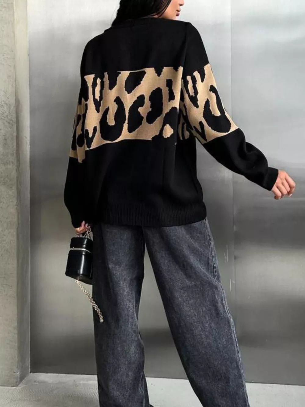 Leopard Color Block Round Neck Sweater, image 4