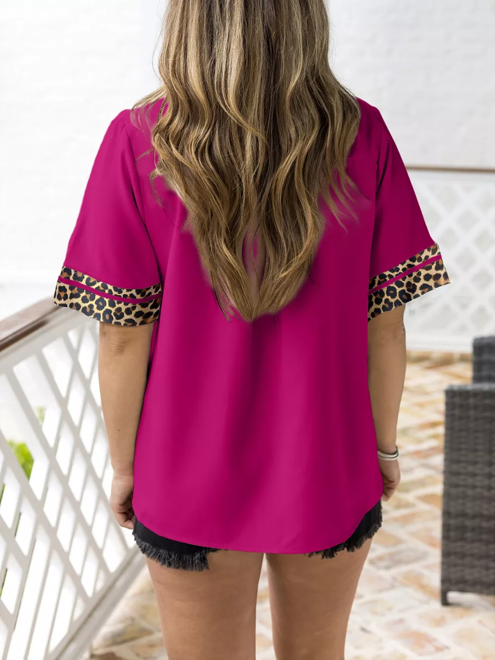Leopard Patchwork Trim Split Neck Short Sleeve Blouse, image 5