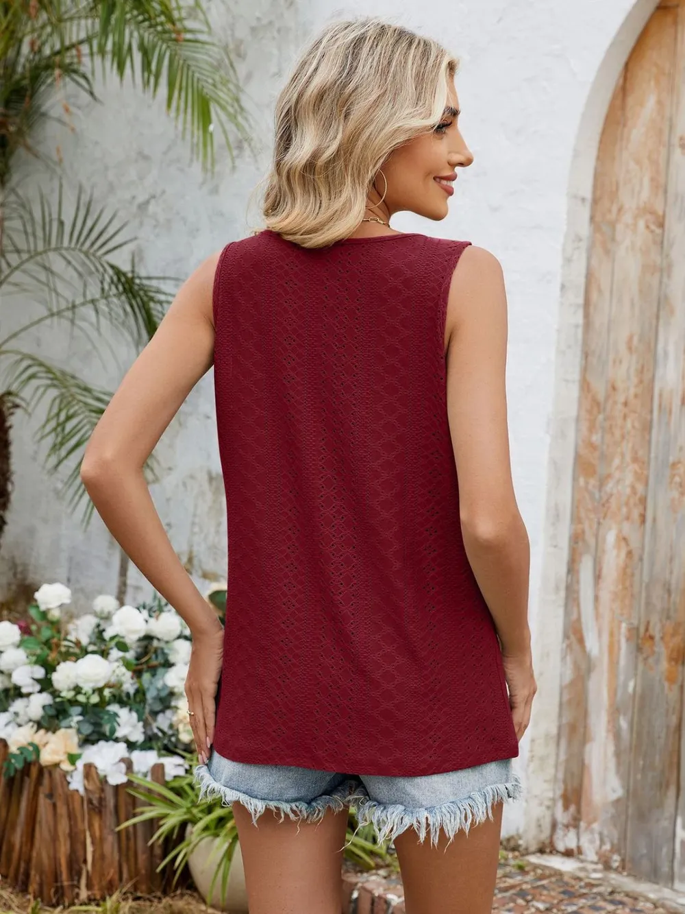 Eyelet Cutout Round Neck Tank, image 31
