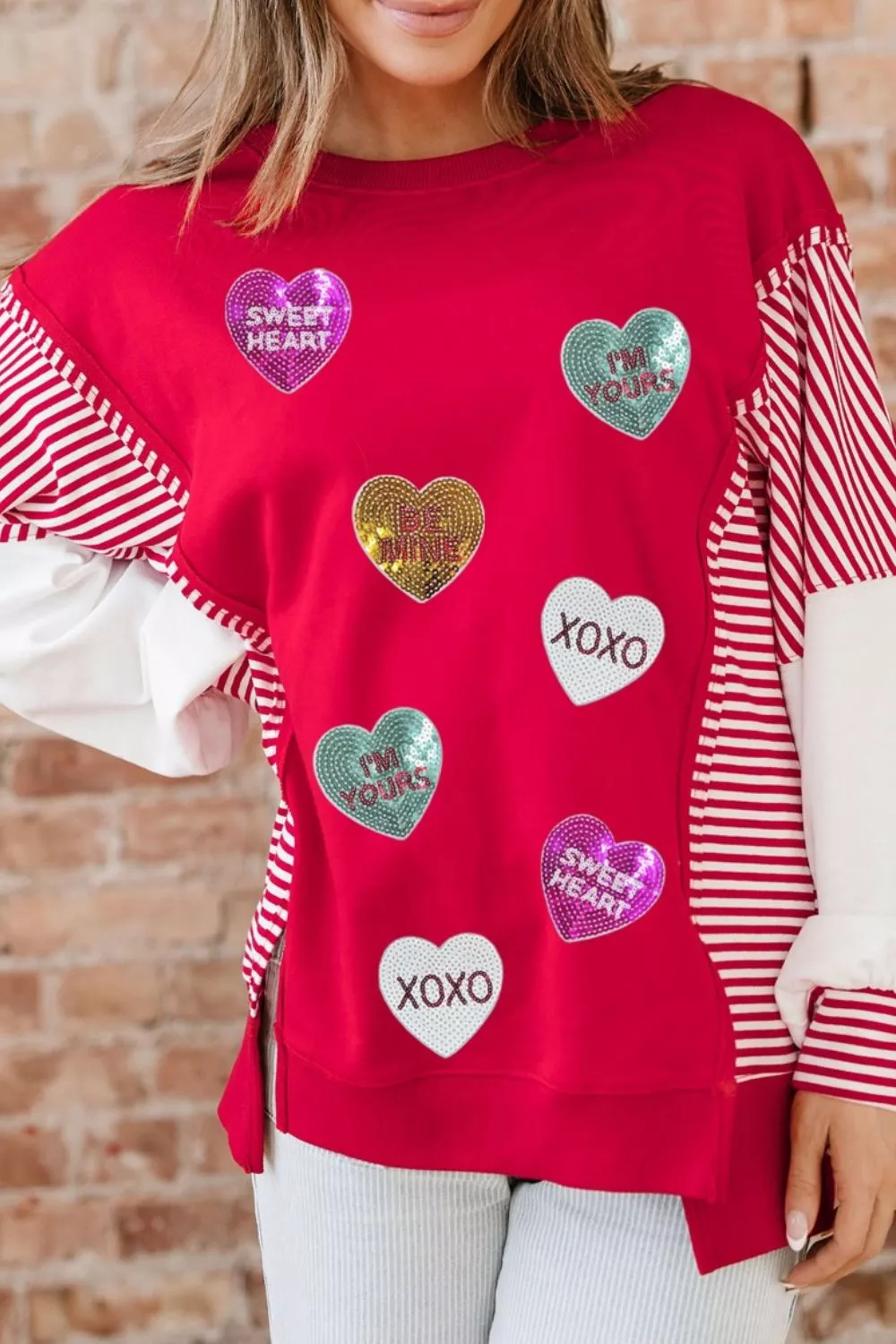 Valentines Day Sequin Heart Striped Color Block Patchwork Sweatshirt, image 5