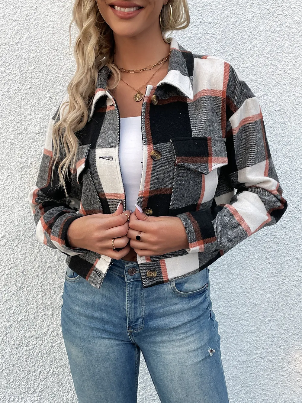 Plaid Button Up Drop Shoulder Cropped Jacket, image 9