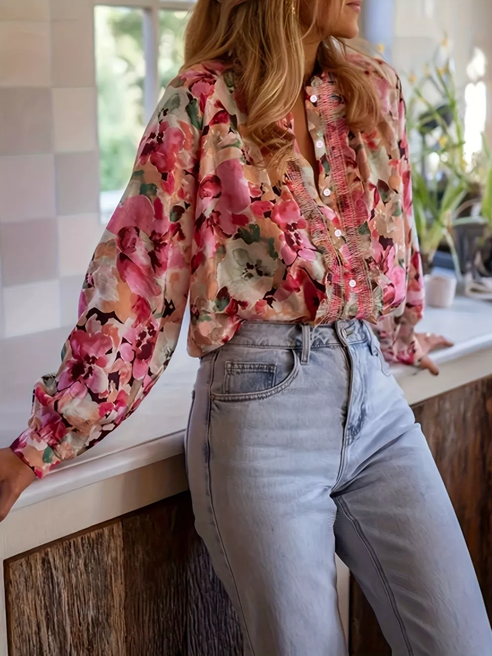 Floral Print Frill Trim Shirt, image 2
