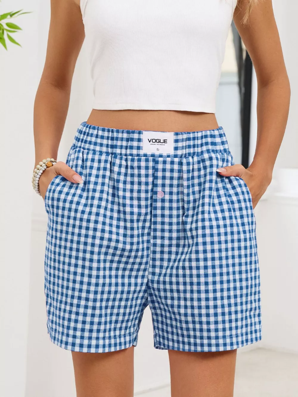 Gingham Elastic Waist Casual Shorts, image 11