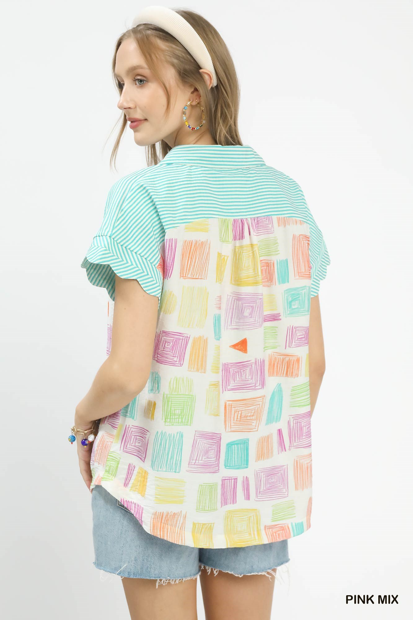Mixed Media Print Button Front Collared Top, image 2