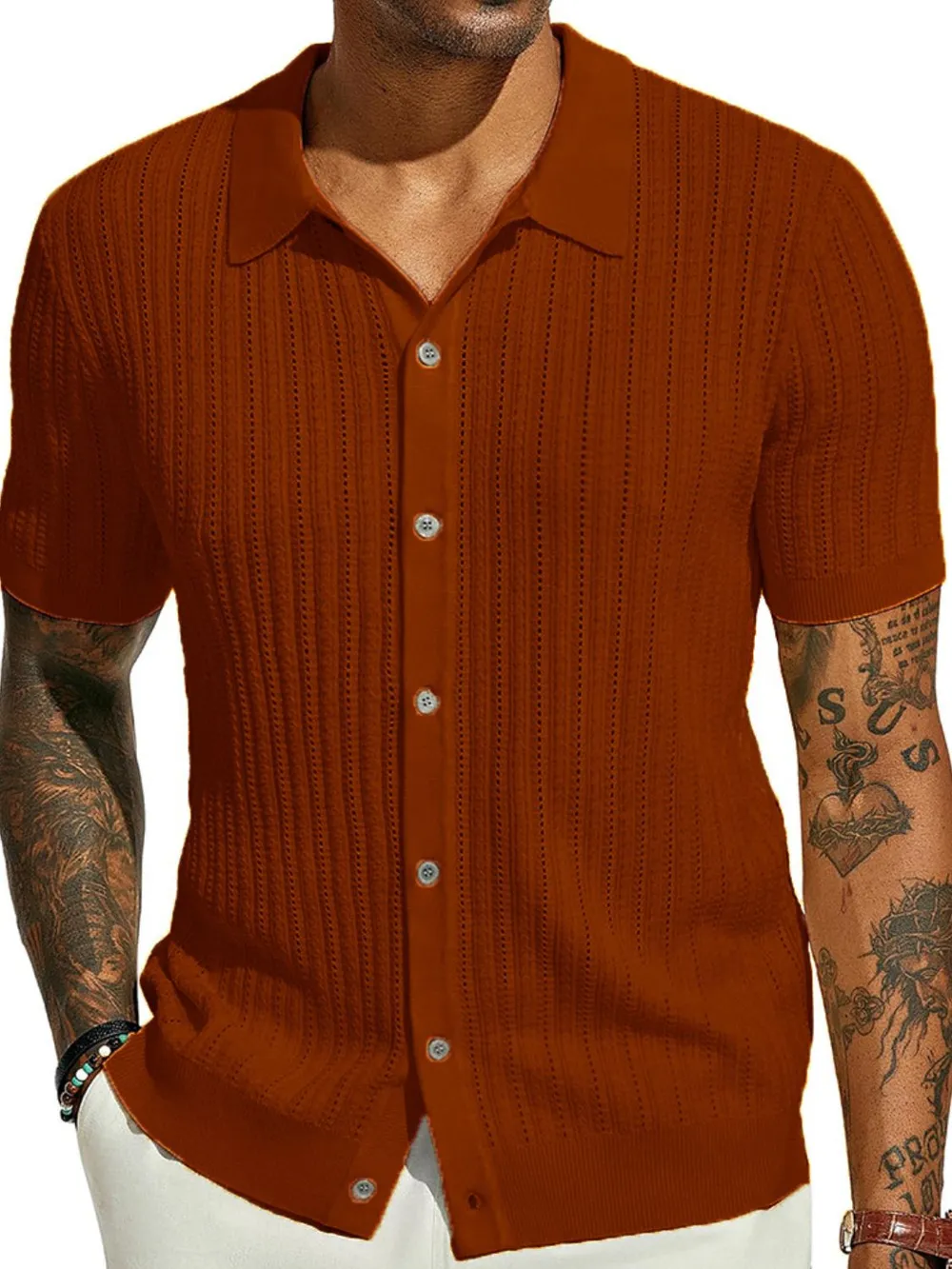 Men's Full Size Openwork Button Down Collared Neck Shirt Plus Size, image 8