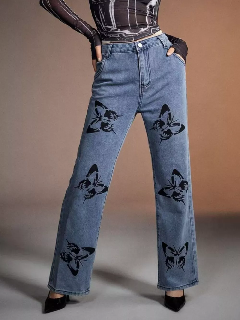 Butterfly Print High-Waisted Wide Leg Jeans, image 6