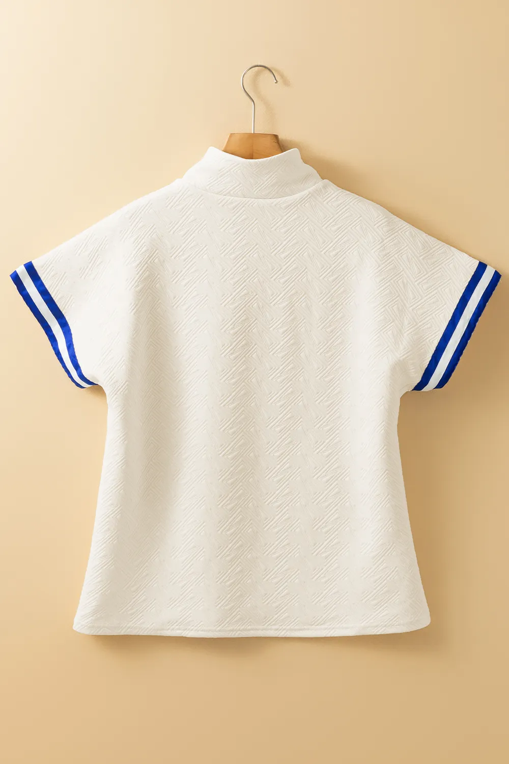 Striped Trim Textured Quarter Zipper Short Sleeve Top, image 2