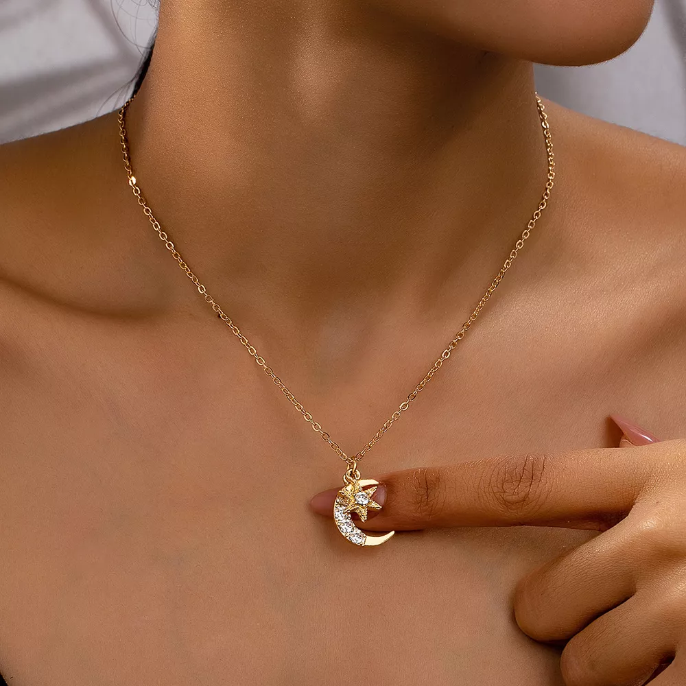 18K Gold-Plated Rhinestone Star & Moon Necklace