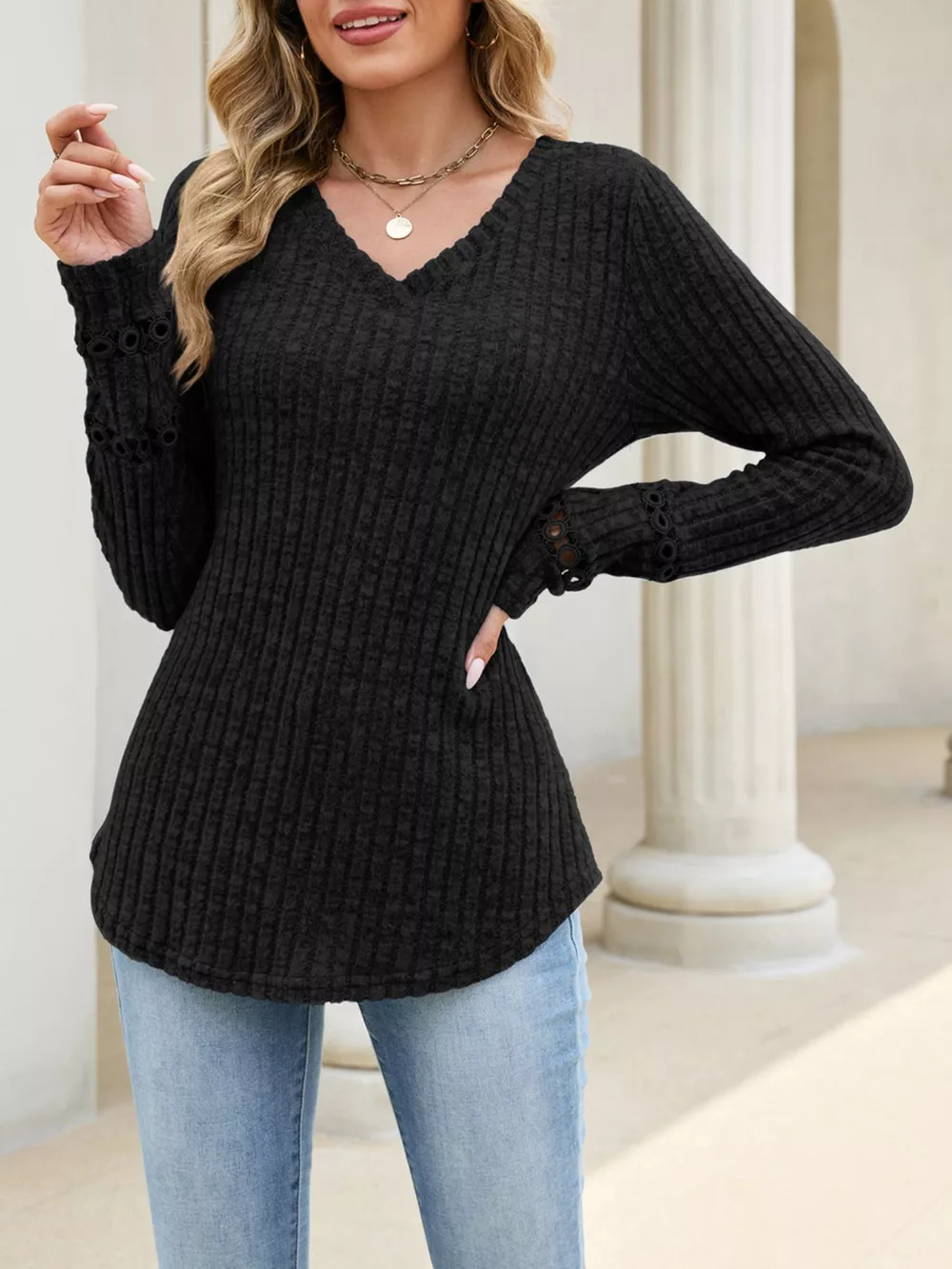 V-Neck Ribbed Knit Top with Eyelet Cuff Detail, image 16