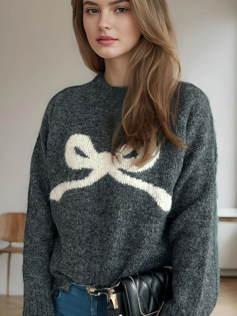 Bow Round Neck Long Sleeve Sweater, image 10
