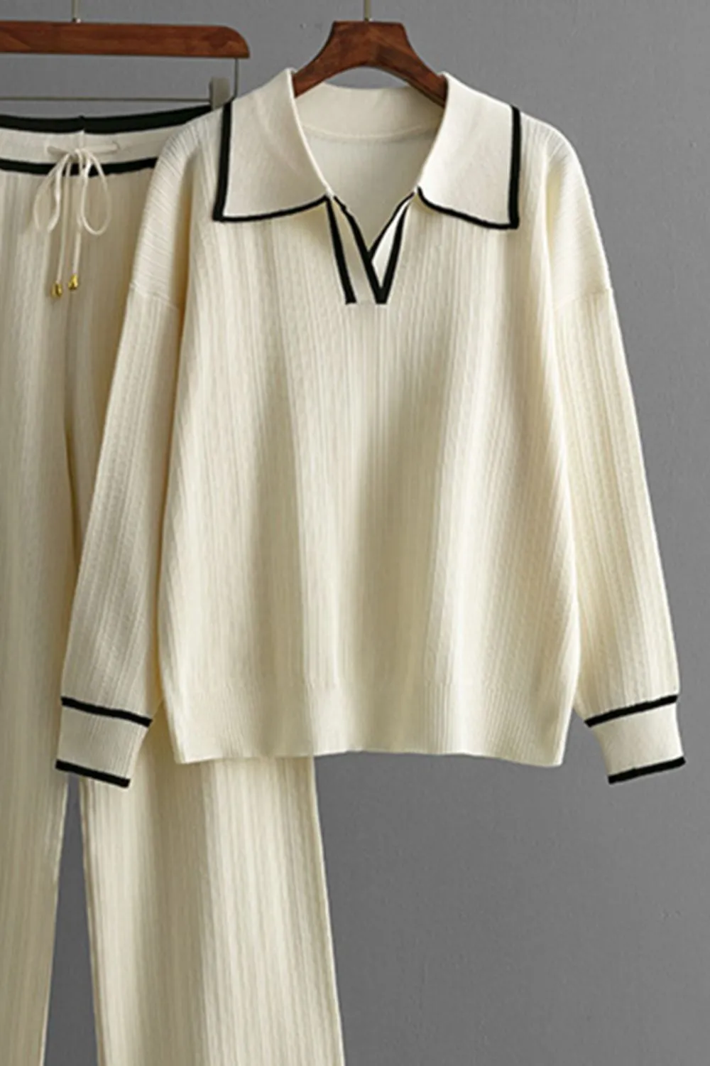 Contrast Trim Johnny Collar Top and Drawstring Pants Sweater Set, image 17
