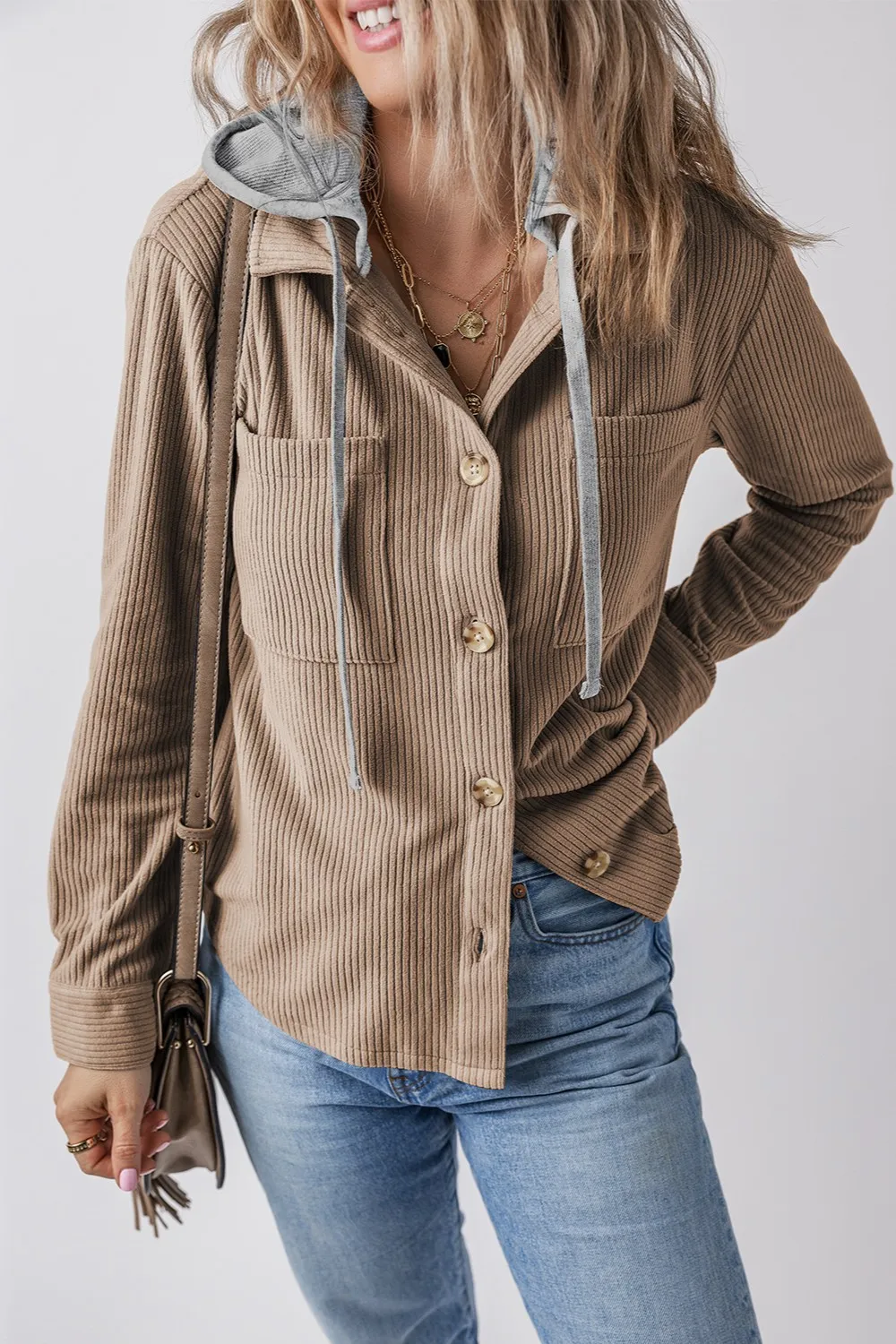 Drawstring Button Up Long Sleeve Hooded Jacket, image 2