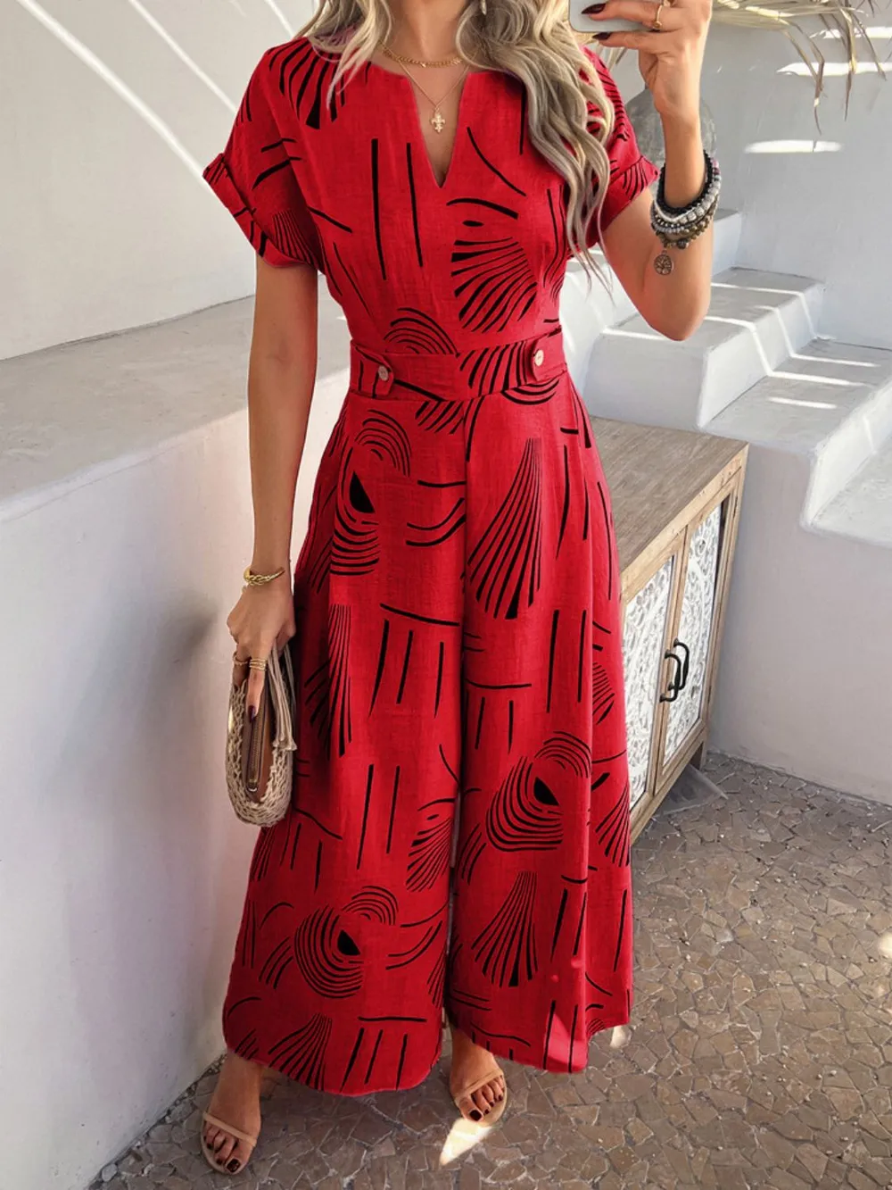 Printed Notched Short Sleeve Wide Leg Jumpsuit, image 9