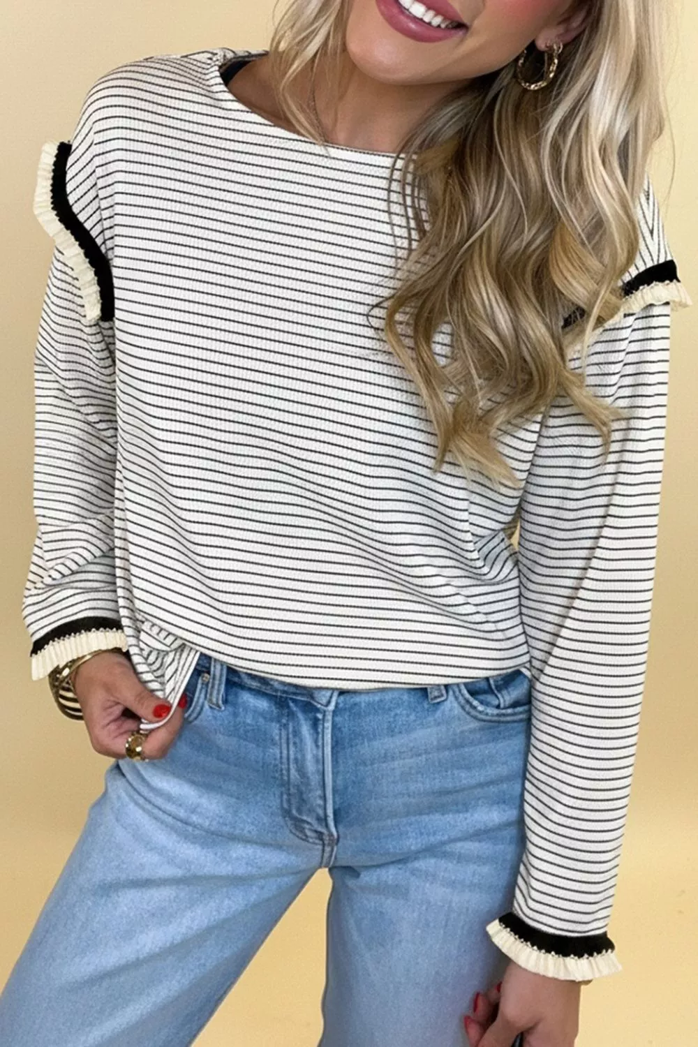 Stripe Contrasted Ruffle Trim Loose Long Sleeve Top, image 6