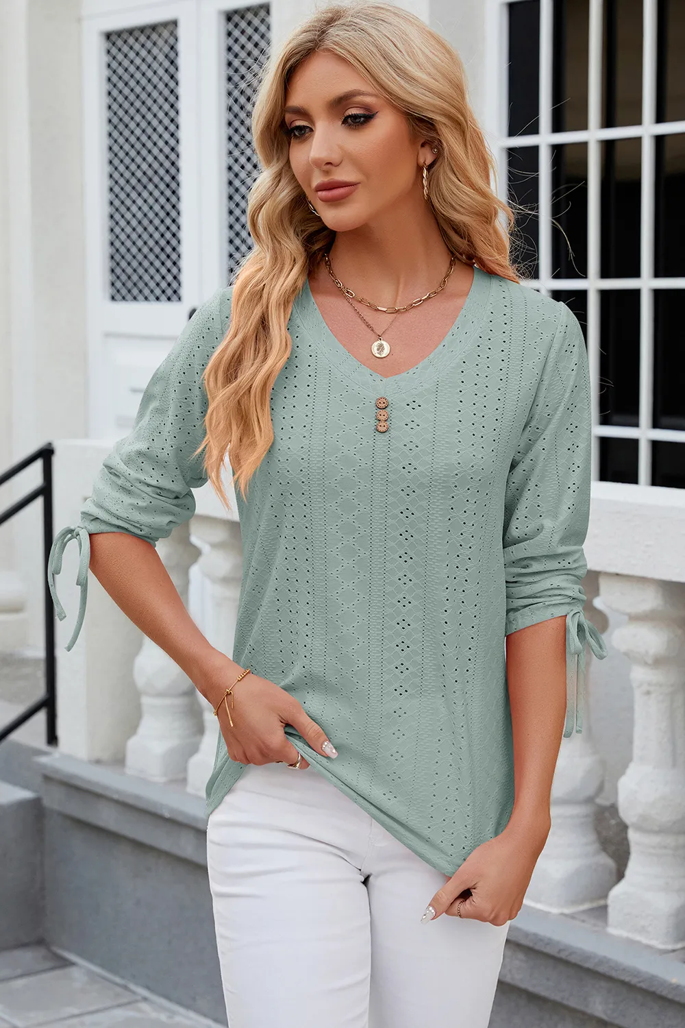 Eyelet Drawstring V-Neck Half Sleeve T-Shirt, image 29