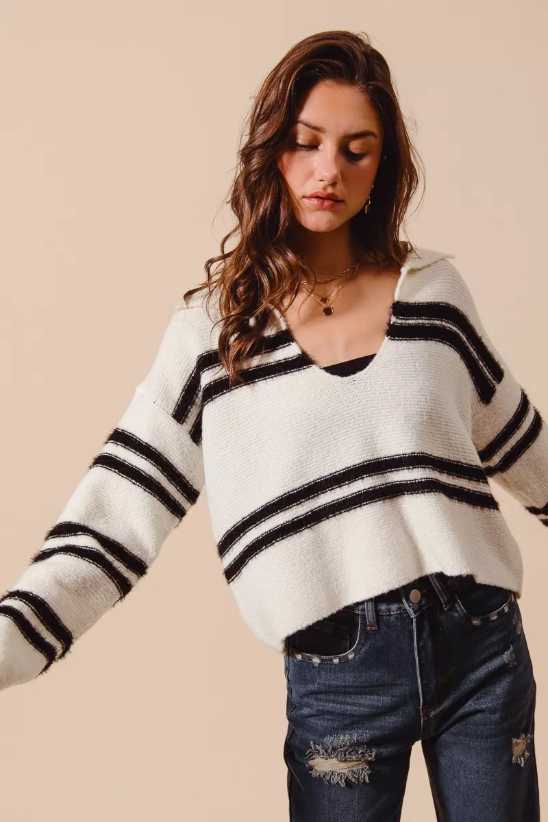 Fuzzy Hairy Stripe Deep U Neck Sweater, image 2