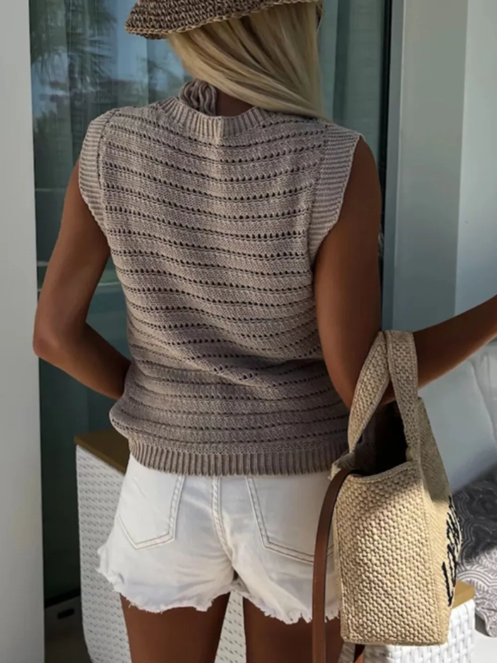 Openwork Round Neck Sweater Vest, image 2