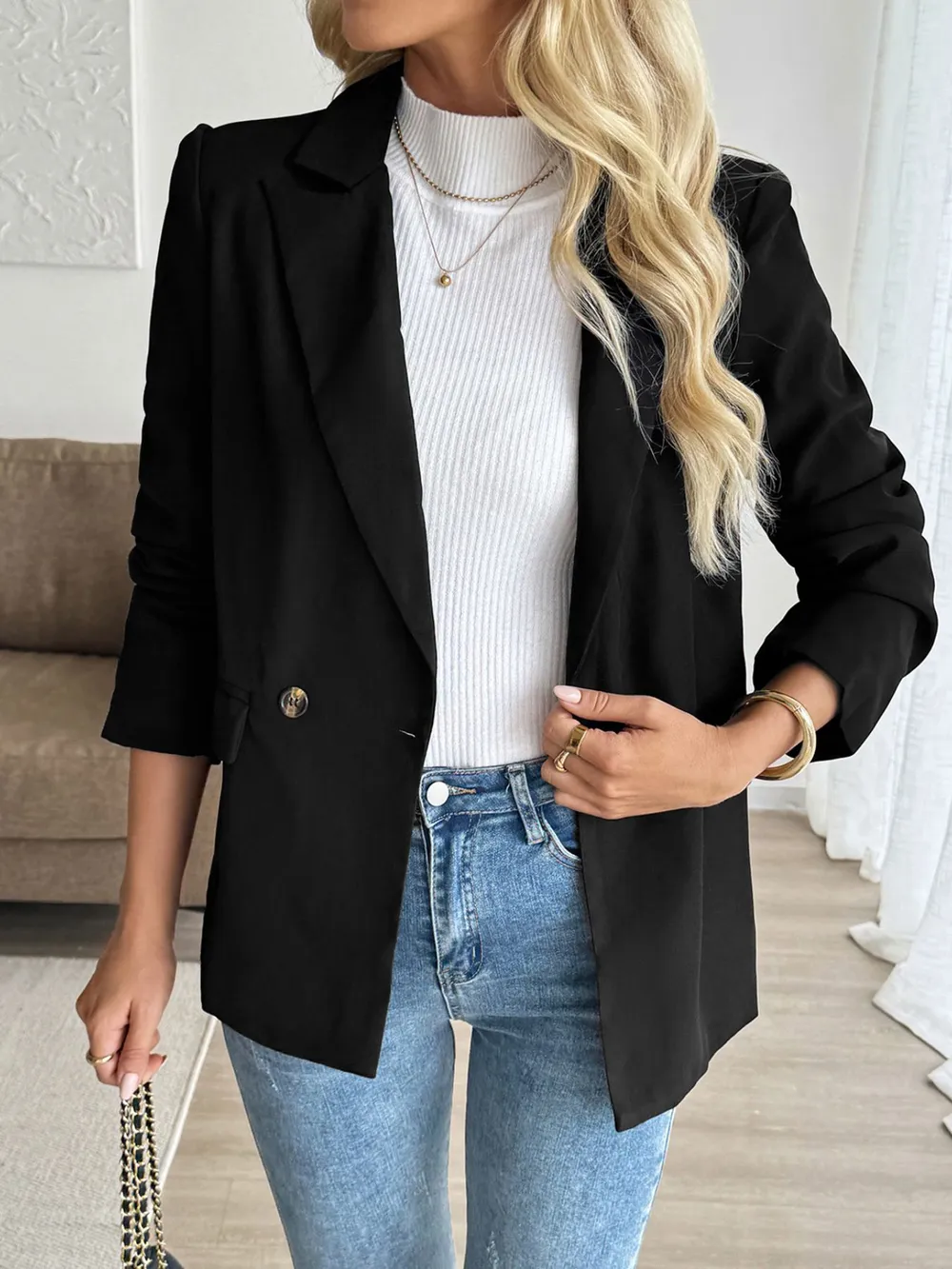 Lapel Collar Long Sleeve Blazer, image 2