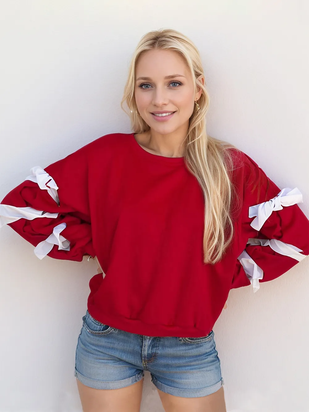 Contrast Bow Round Neck Long Sleeve Sweatshirt, image 4